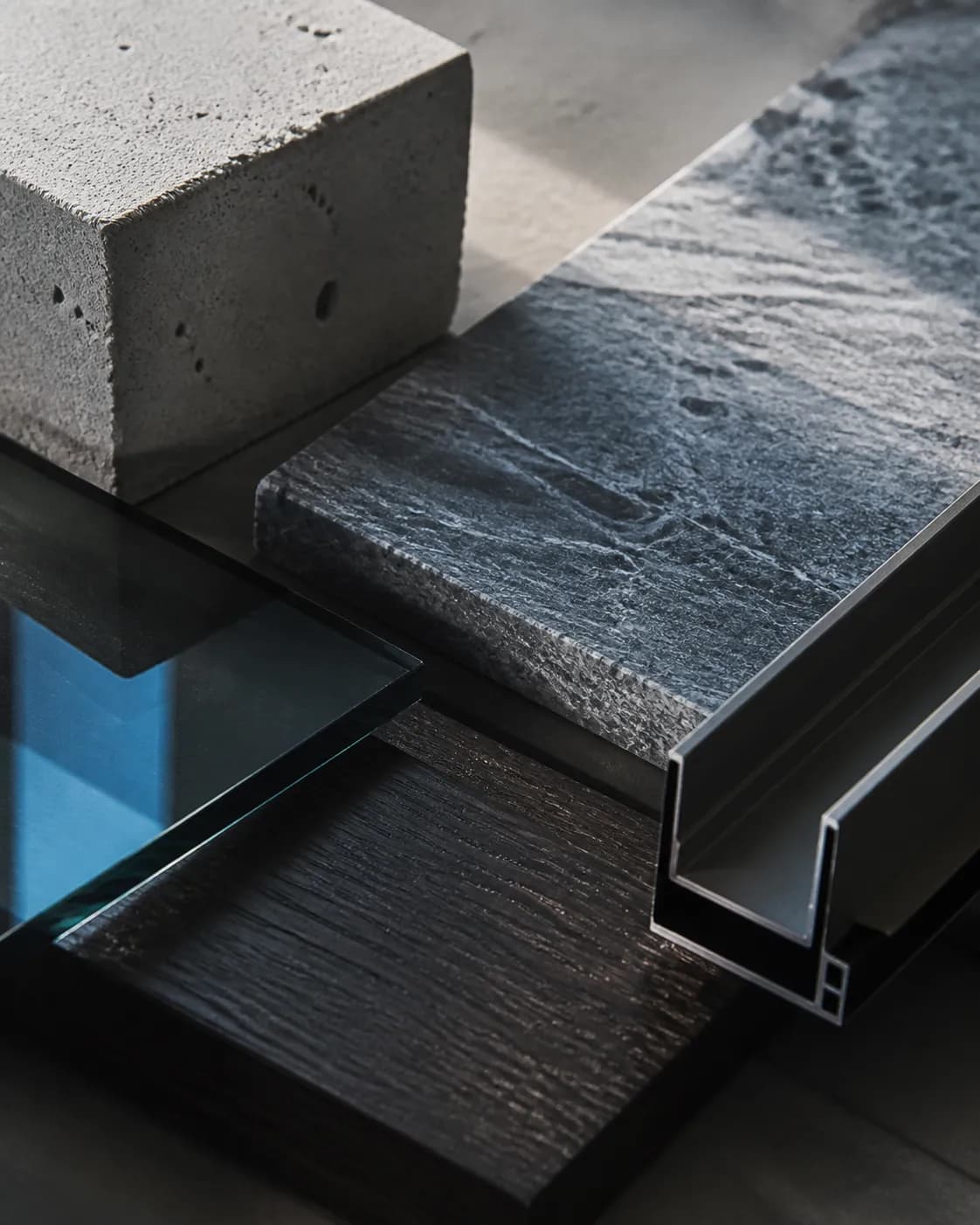 Stone, timber and metal material samples in the Form House studio
