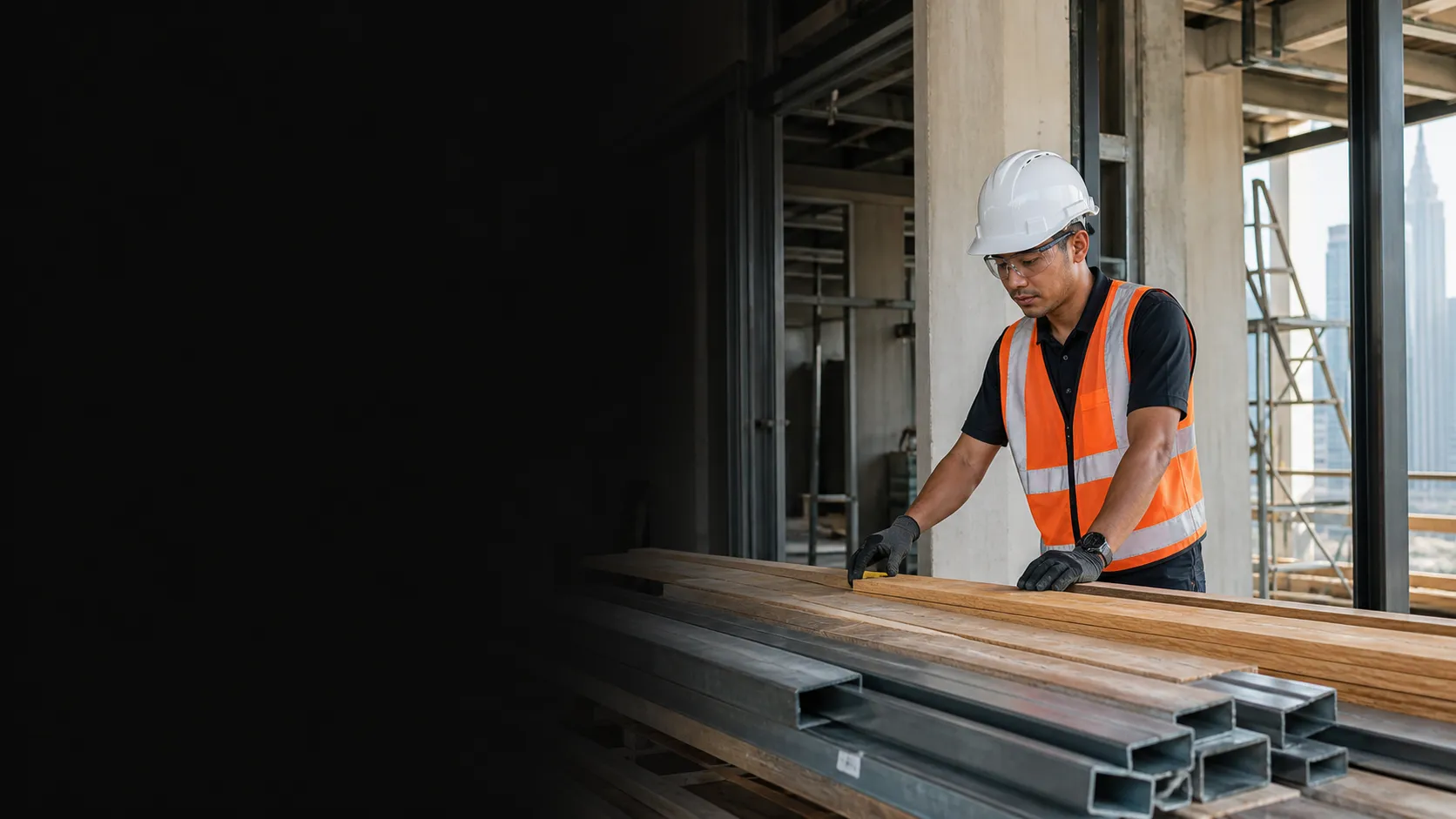 Contractor reviewing active timber and steel work on a Kuala Lumpur site