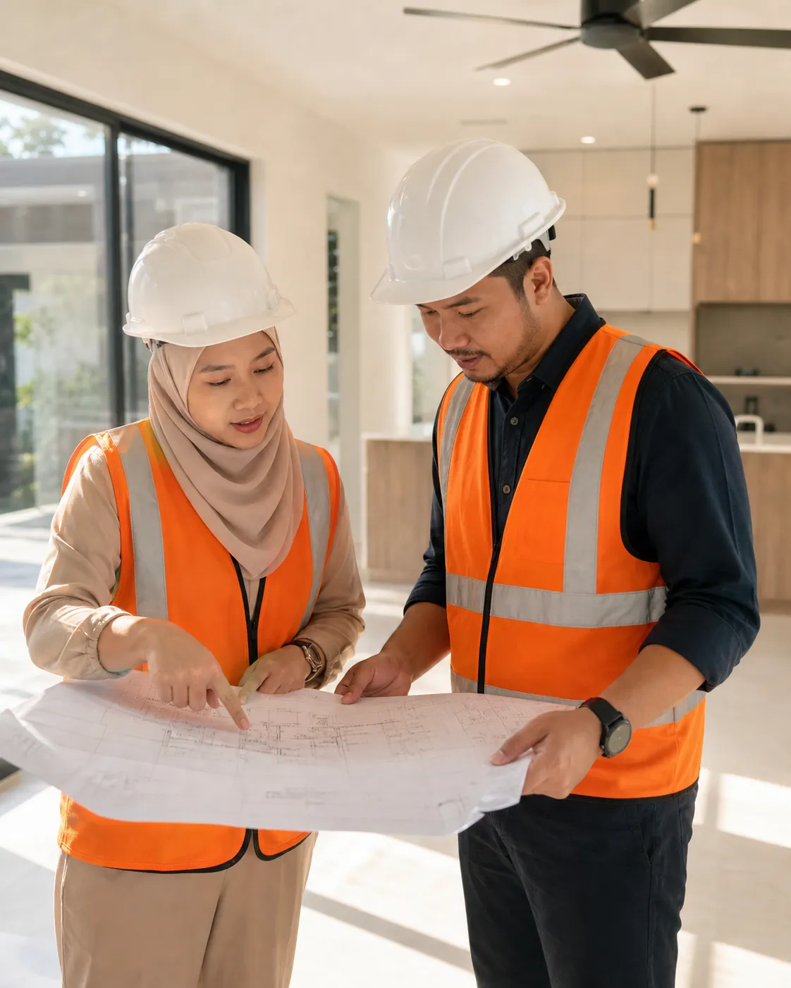 Buildmode site crew preparing materials and reviewing a construction plan